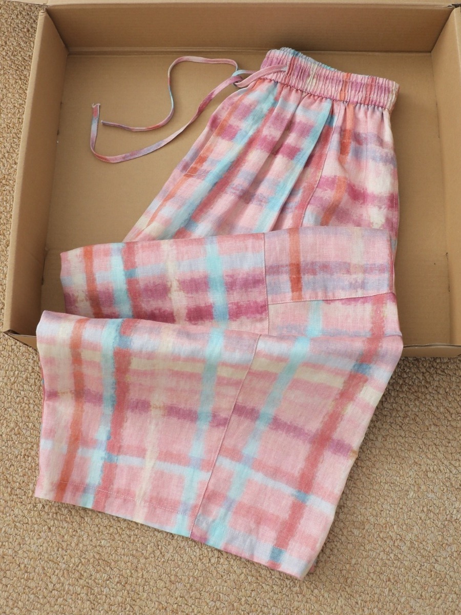 Linen Pant Wide - Pink Plaid Cotton Linen Wide Leg