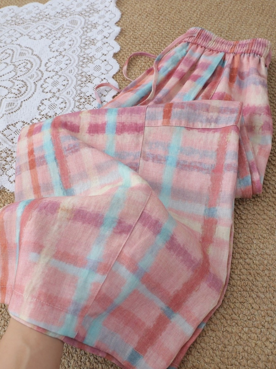 Pink Plaid Cotton Linen Wide L - огляд і ціна Linen Pant Wide