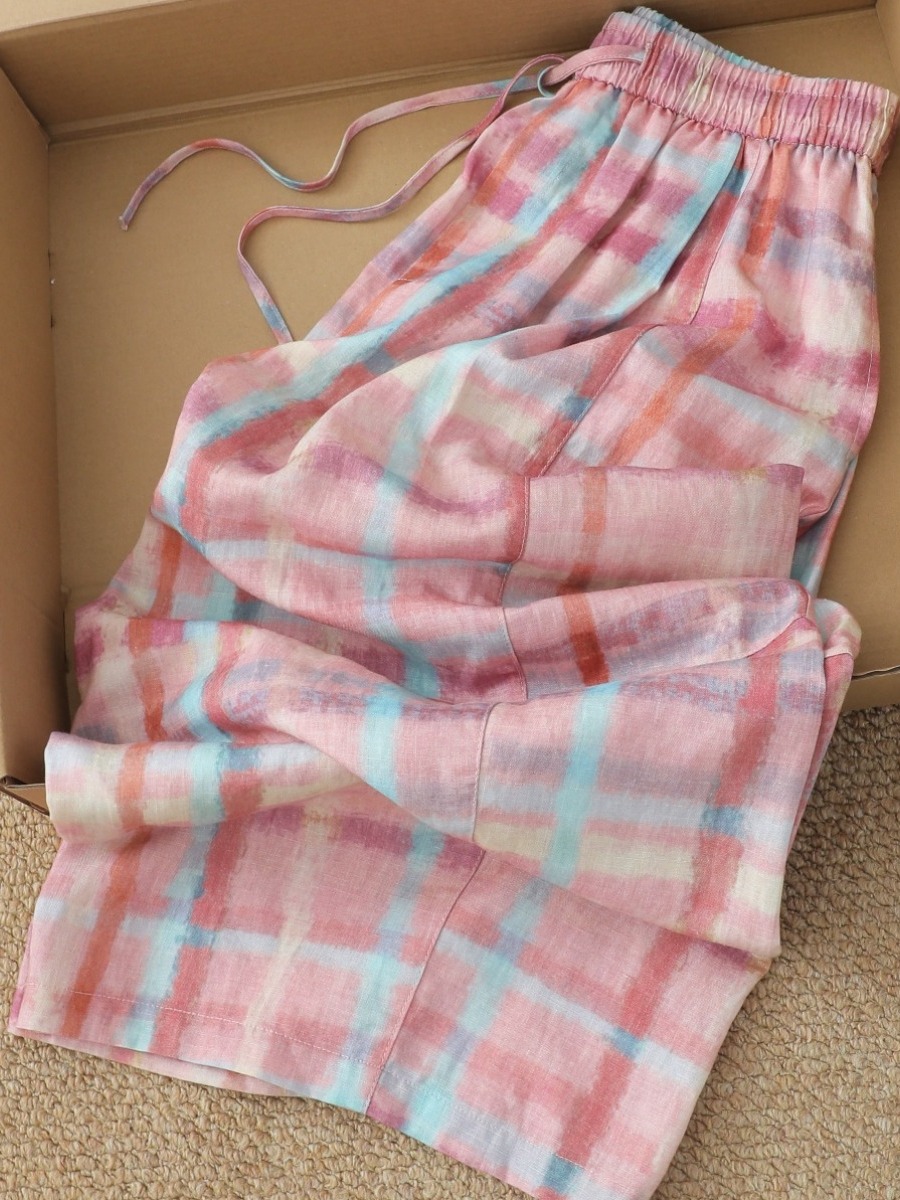 Pink Plaid Cotton Linen Wide L - огляд і ціна Linen Pant Wide